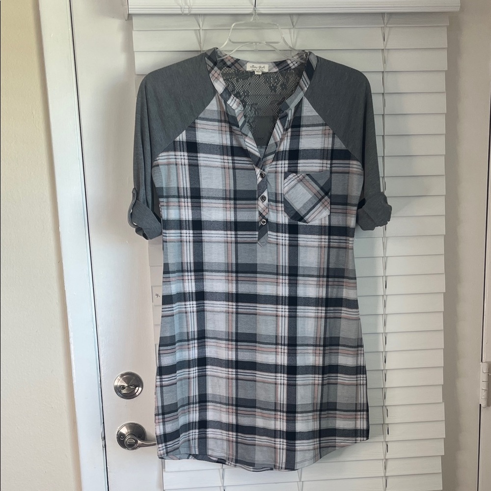Ultra Flirt Gray and Pink Plaid Patterned Top/Shirt Dress